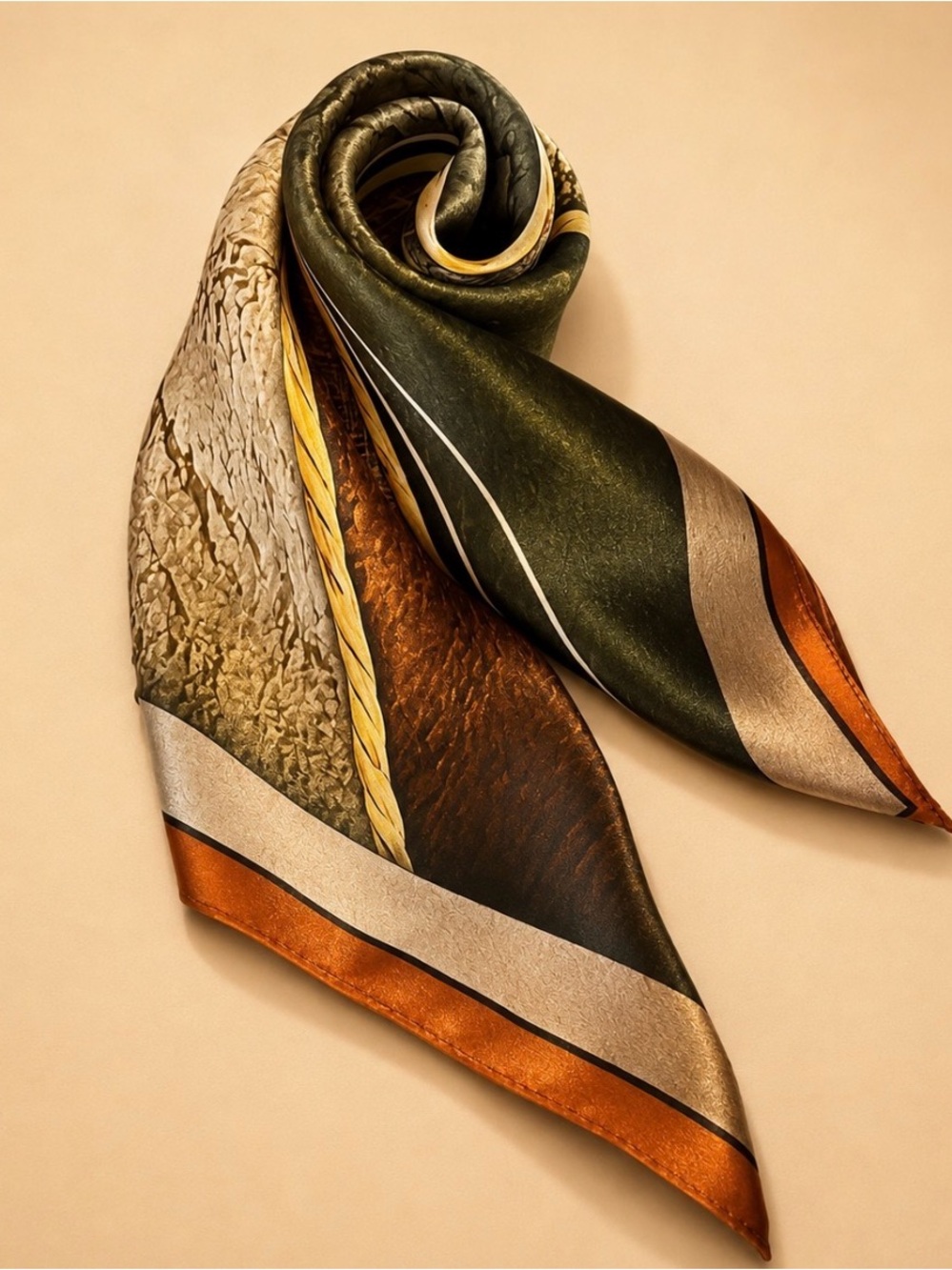 Silk Patterned Neck Scarf in Olive, Brown & Rust